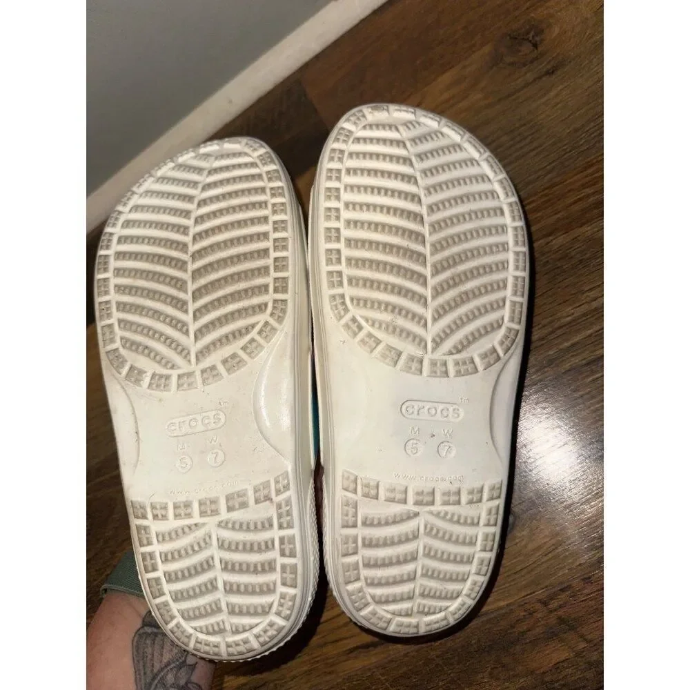 CROCS White Slide Sandals with Rainbow Gradient Straps